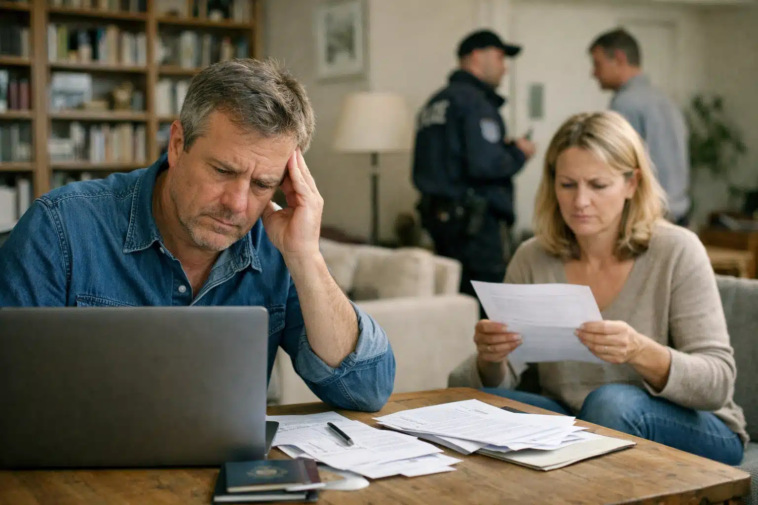 Couple préoccupé triant des documents, policiers en arrière-plan