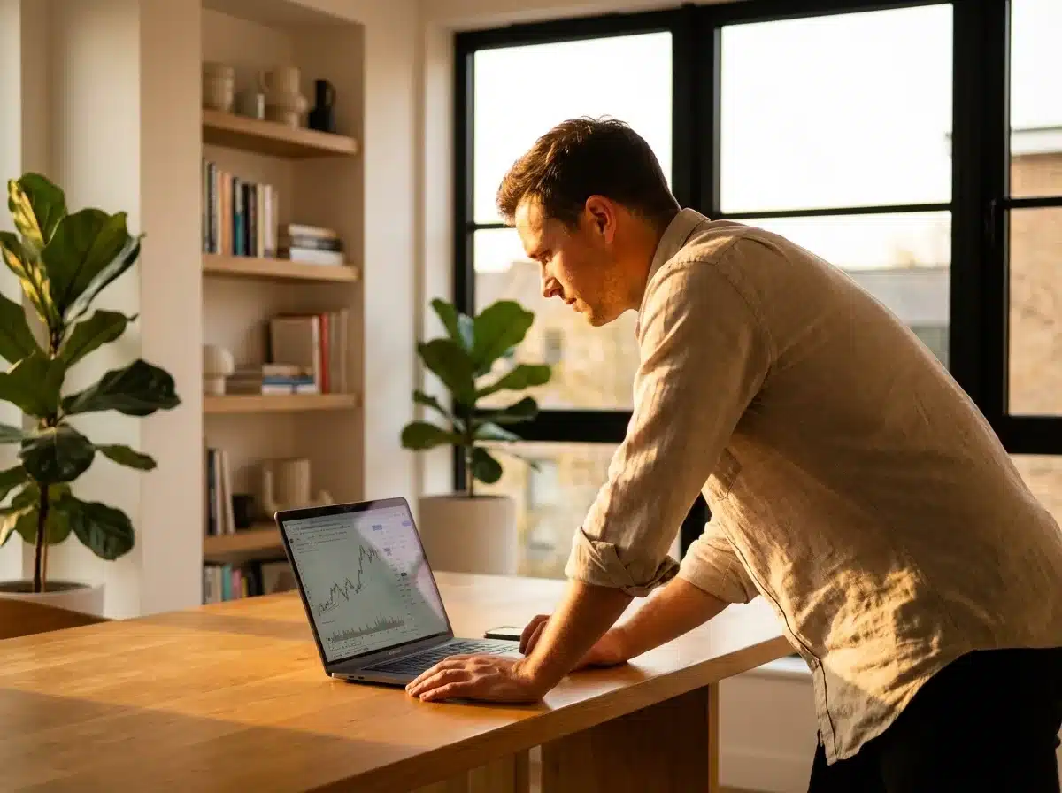Un homme qui vérifie son épargne sur son ordinateur portable