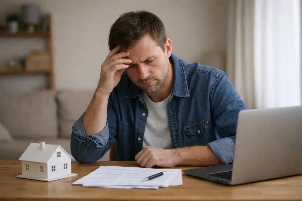 Homme pensif devant papiers, maquette de maison et ordinateur