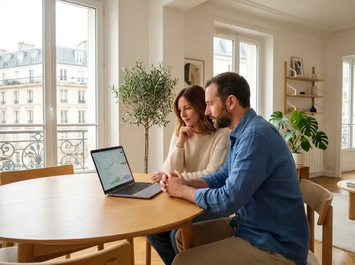 Un couple qui regarde les résultats de leurs finances sur un PC portable