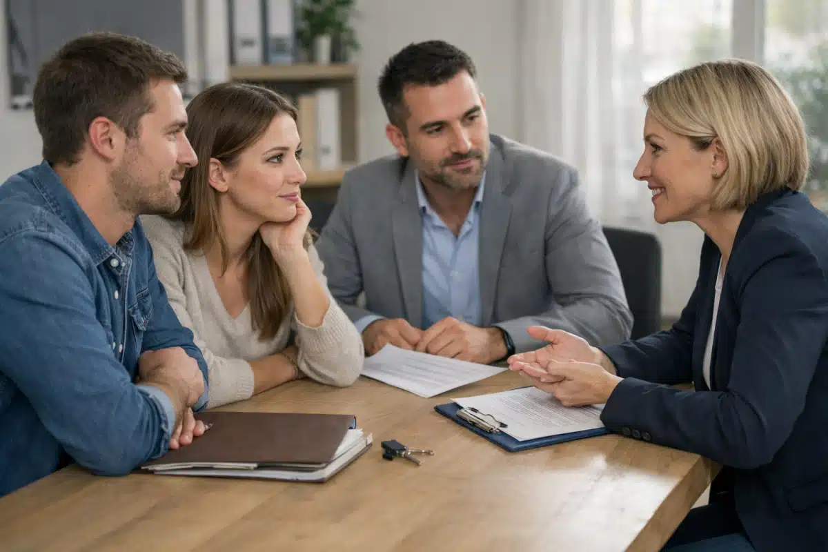 Couple discutant documents et clés avec deux personnes