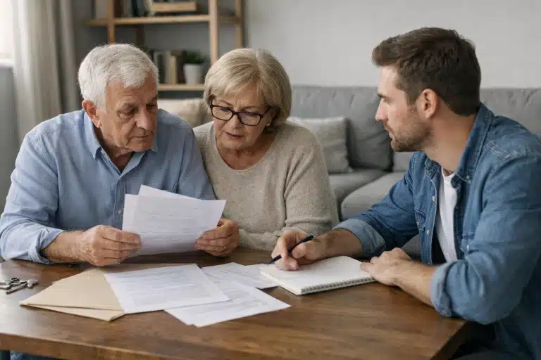 Jeune homme expliquant des documents à un couple senior