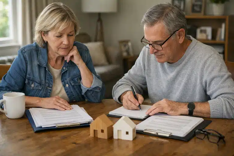 Couple âgé signant des documents avec maquettes de maisons