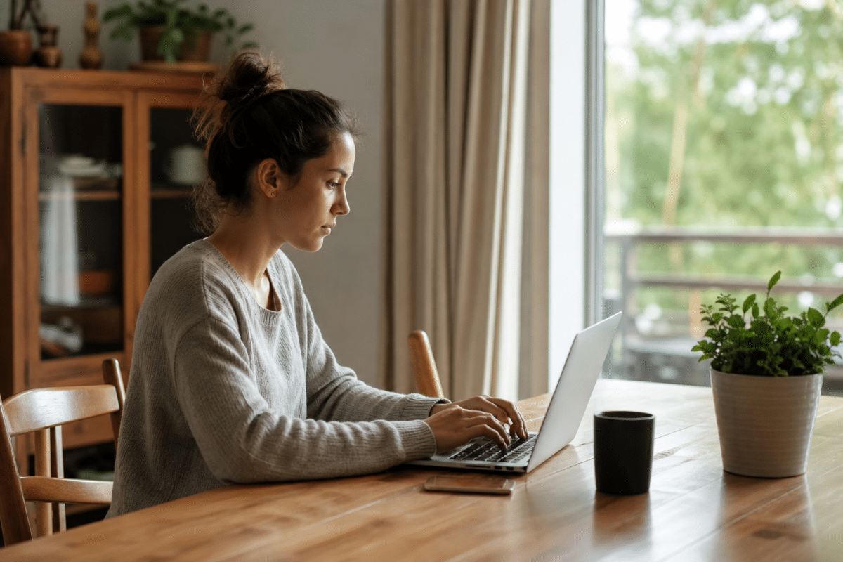 Femme concentrée travaillant sur ordinateur portable à table