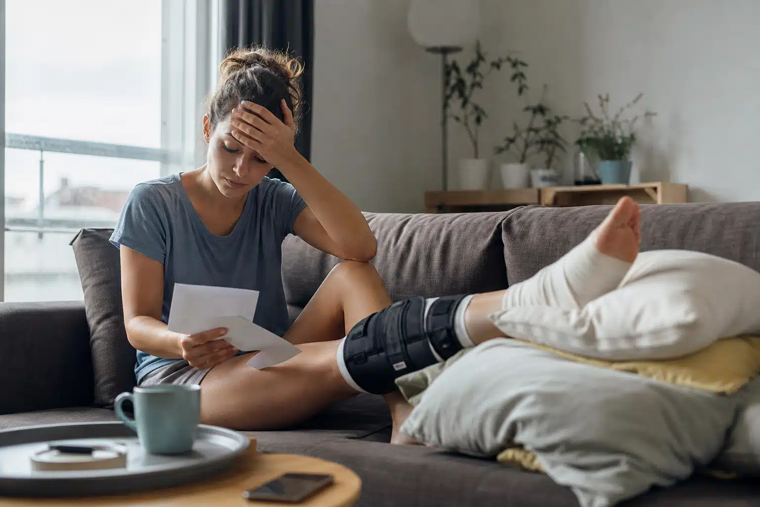 Personne assise sur canapé avec attelle lisant courrier