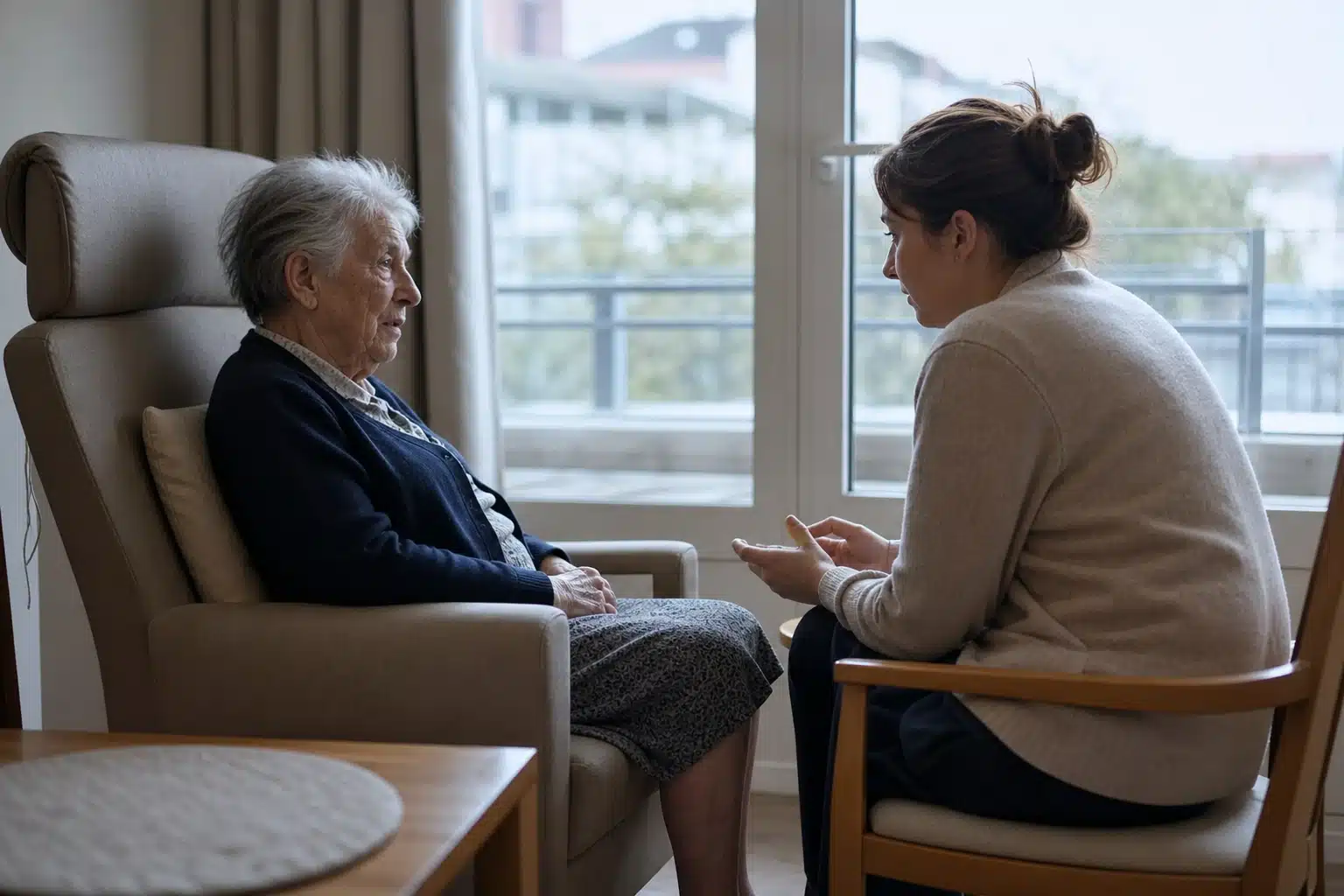 personne âgée assise parlant avec une aide-soignante
