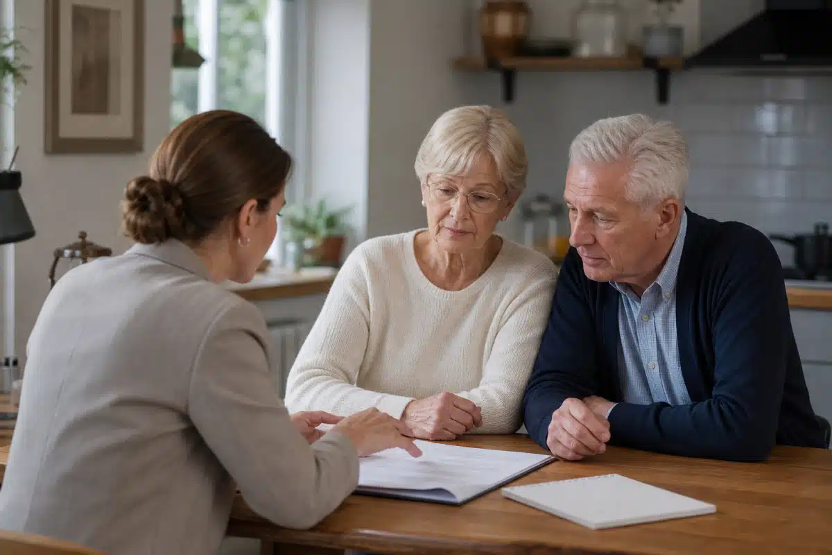 Femme expliquant des documents à un couple âgé
