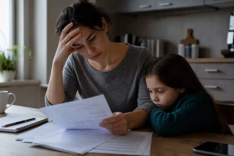 Femme la main au front lisant des papiers, enfant blotti
